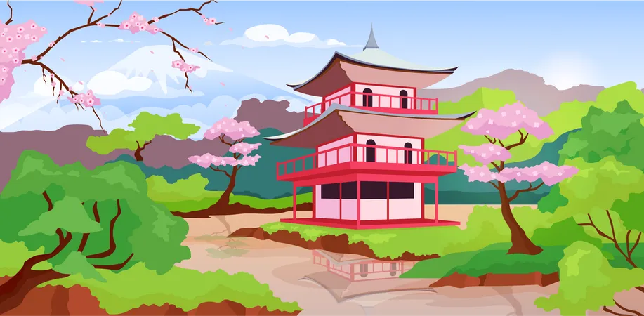 Pagoda japonesa y monte Fuji  Ilustración