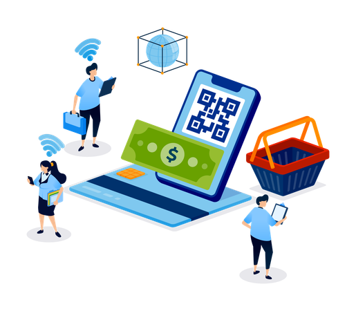 Pagos con tarjeta de crédito con función de escaneo QR en aplicaciones móviles para transacciones digitales rápidas y seguras  Ilustración