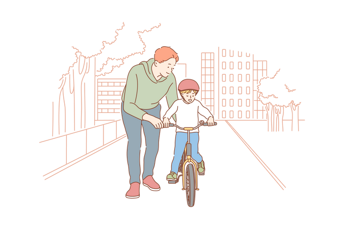 Pai ajudando filho a andar de bicicleta  Ilustração