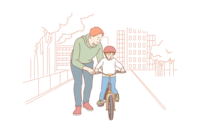 Pai ajudando filho a andar de bicicleta  Ilustração