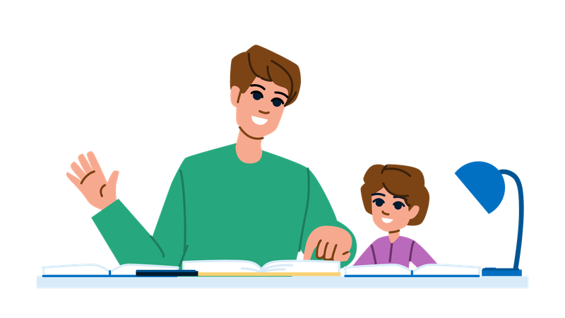 Pai ajudando o dever de casa para o filho  Ilustração