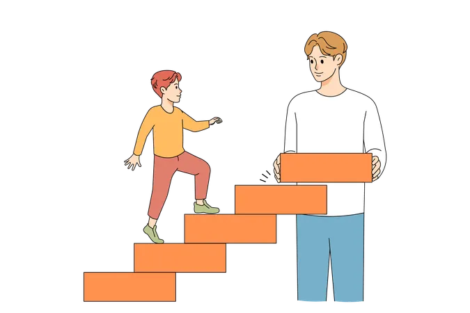 Pai amoroso constrói escadas para o filho caminhar  Ilustração
