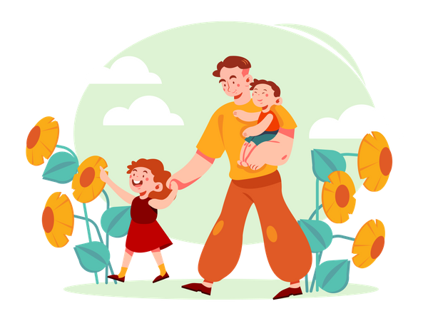 Pai passeando com crianças  Ilustração