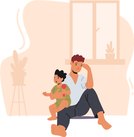 Pai cansado e ansioso com criança sentada no chão  Ilustração