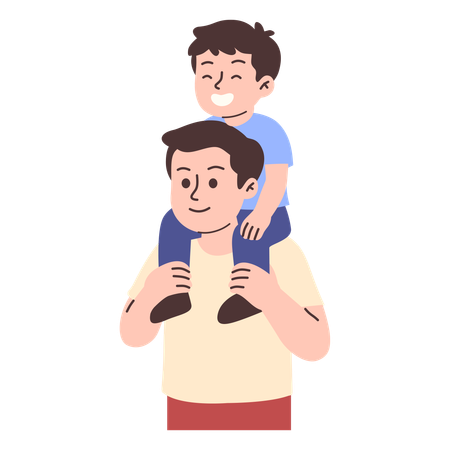 Pai carregando filho nos ombros sorrindo alegremente  Ilustração