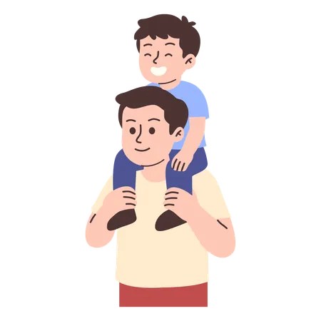 Pai carregando filho nos ombros sorrindo alegremente  Ilustração