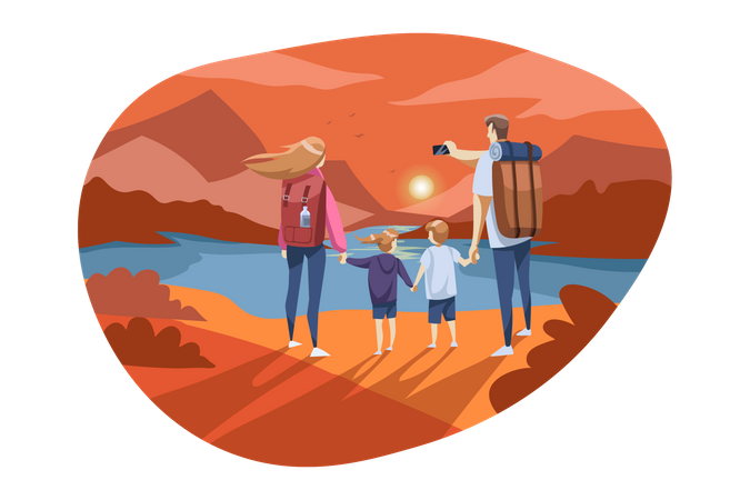 Pai clicando na foto do pôr do sol em Mountain Point com a família  Ilustração