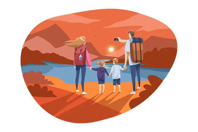 Pai clicando na foto do pôr do sol em Mountain Point com a família  Ilustração