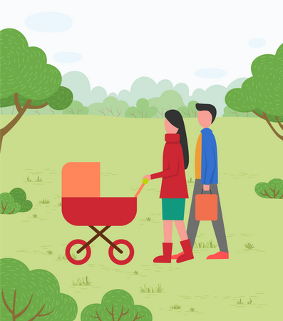 Pai com carrinho de bebê andando no parque  Ilustração