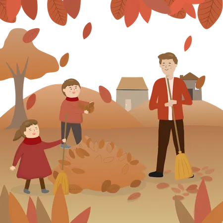 Pai com filha e filho varrendo folhas  Ilustração