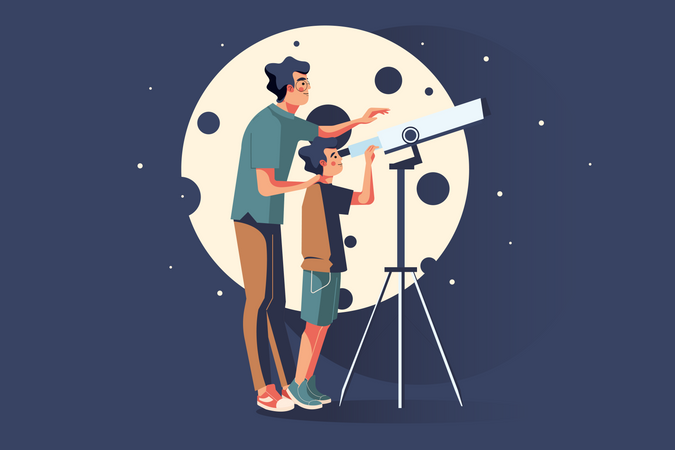 Pai e filho explorando galáxia no telescópio  Ilustração