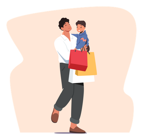 Pai com filho pequeno nas mãos segurando sacos de papel coloridos  Ilustração