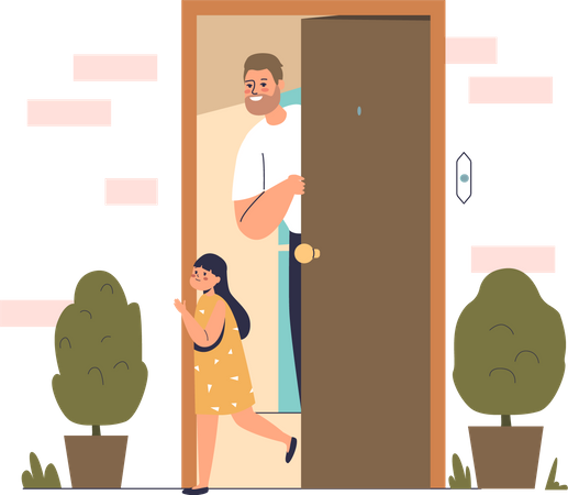 Pai parado na porta aberta em casa  Ilustração