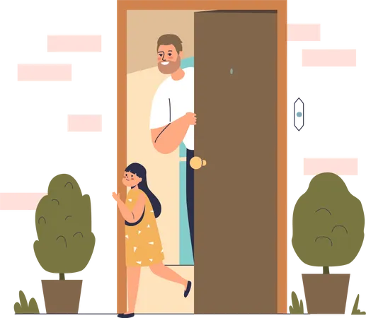 Pai parado na porta aberta em casa  Ilustração