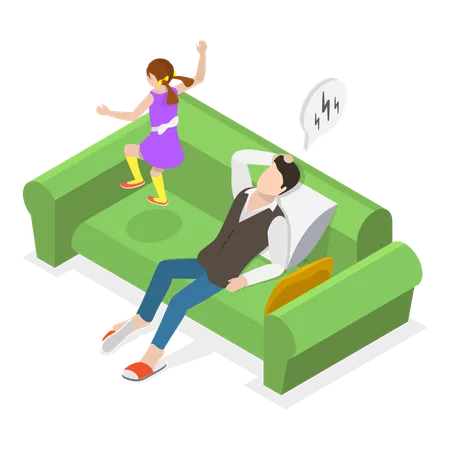 Pai deprimido e cansado, deitado no sofá  Ilustração
