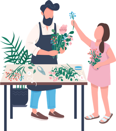 Pai e filha arrumando flores juntos  Ilustração