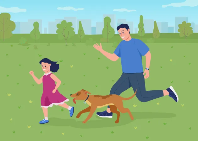 Pai e filha brincando com cachorro de estimação  Ilustração