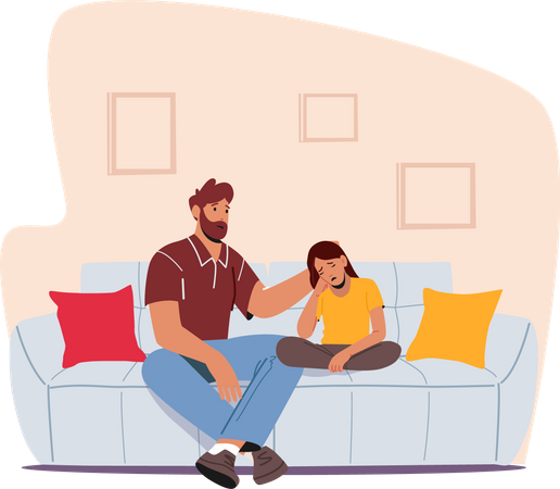 Pai e filha chorando sentados no sofá da sala  Ilustração