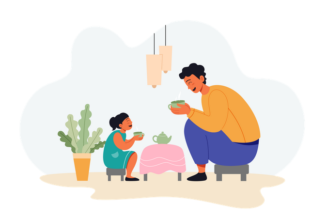 Pai e filha comendo comida no Dia dos Pais  Ilustração