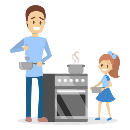 Pai e filha cozinhando jantar ou almoço em casa  Ilustração