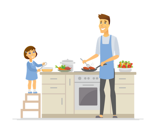 Pai e filha cozinhando na cozinha  Ilustração