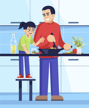 Pai e filha cozinhando refeição  Ilustração