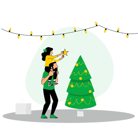 Pai e filha decoram árvore de natal  Ilustração