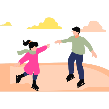 Pai e menina estão patinando  Ilustração