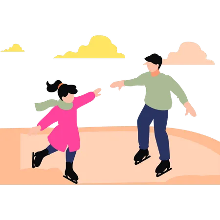 Pai e menina estão patinando  Ilustração