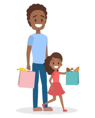 Pai e filha indo com sacolas cheias de comida  Ilustração