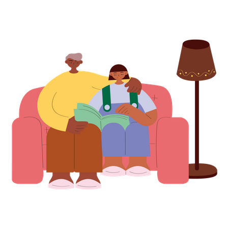 Pai e filha lendo um livro juntos  Ilustração