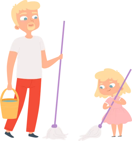 Pai e filha limpando o chão juntos  Ilustração