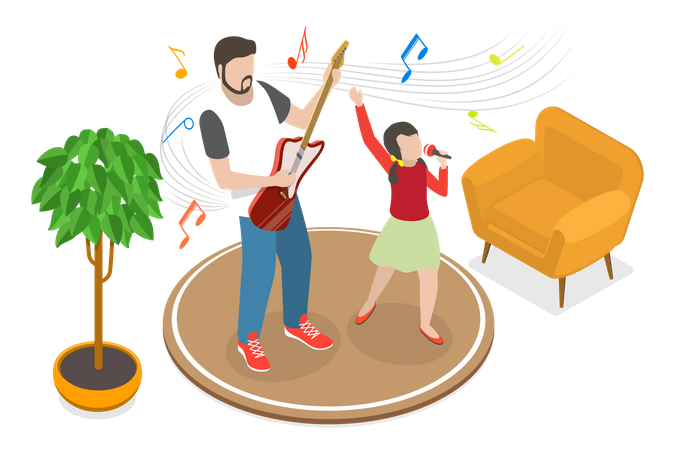 Pai e filha tocando música e cantando juntos  Ilustração