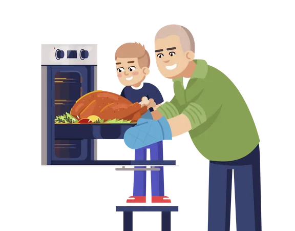 Pai e filho assando carne no forno  Ilustração