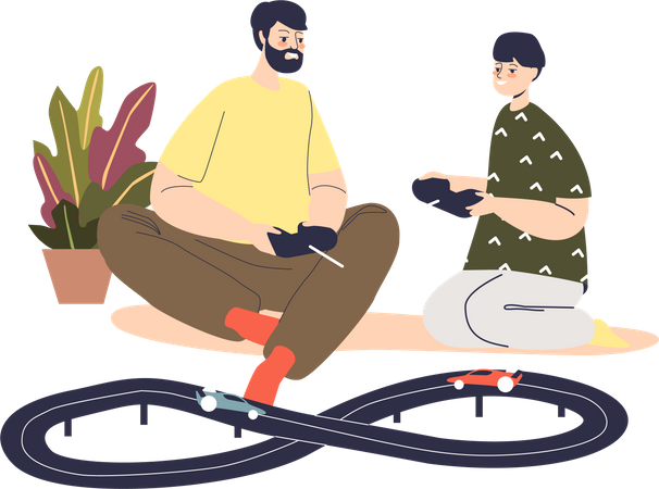 Pai e filho brincam de corrida em carros de controle remoto  Ilustração