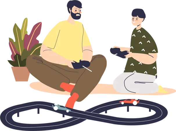 Pai e filho brincam de corrida em carros de controle remoto  Ilustração