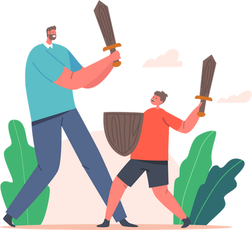Pai e filho brincando com espadas de madeira  Ilustração
