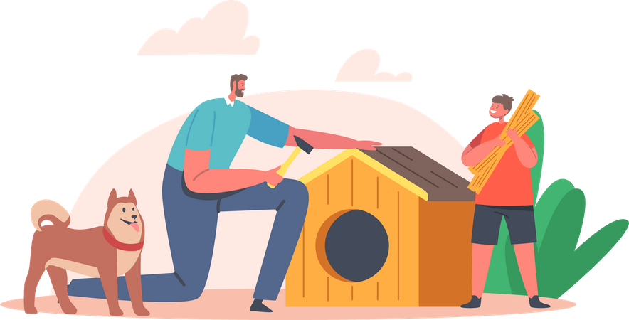 Pai e filho construindo casinha de cachorro  Ilustração