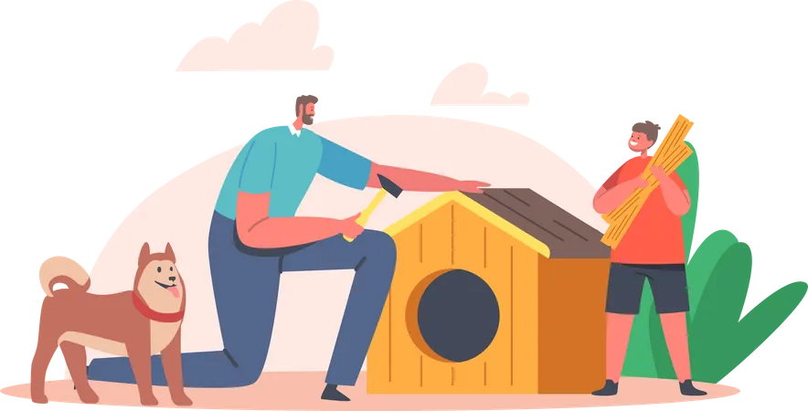 Pai e filho construindo casinha de cachorro  Ilustração