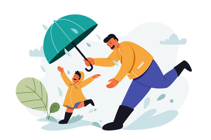 Pai e filho aproveitando a chuva no Dia dos Pais  Ilustração