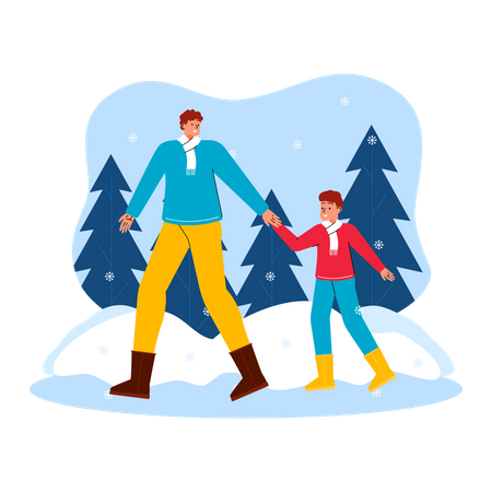 Pai e filho aproveitando a queda de neve  Ilustração