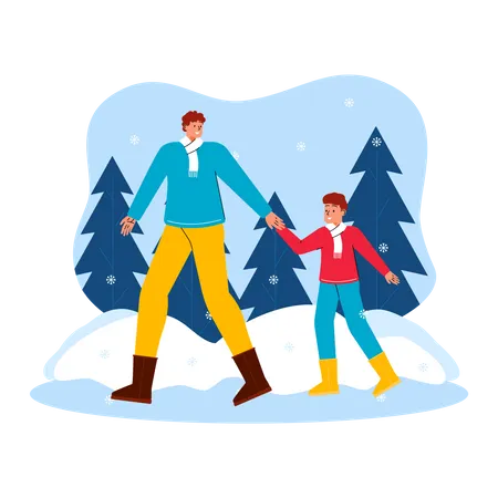 Pai e filho aproveitando a queda de neve  Ilustração