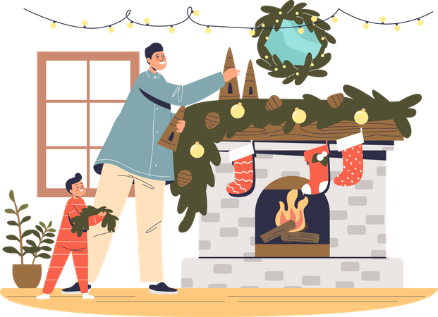 Pai e filho decorando lareira para o natal  Ilustração