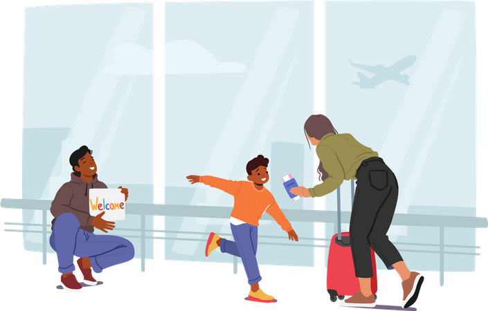 Pai e filho encontrando mãe no aeroporto  Ilustração
