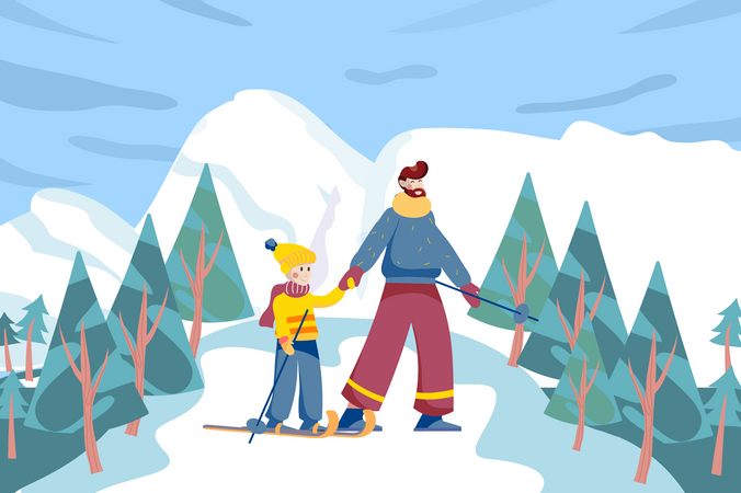 Pai e filho esquiando na estância de esqui  Ilustração