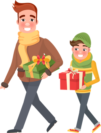Pai e filho estão felizes fazendo compras de Natal  Ilustração