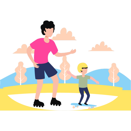 Pai e filho estão patinando  Ilustração