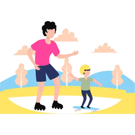 Pai e filho estão patinando  Ilustração