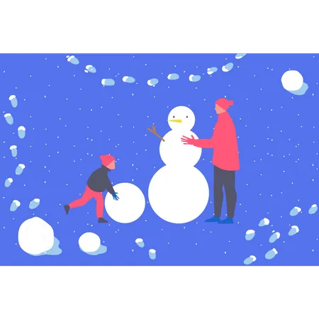 Pai e filho fazendo boneco de neve  Ilustração