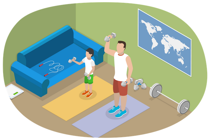 Pai e filho fazendo exercícios em casa  Ilustração